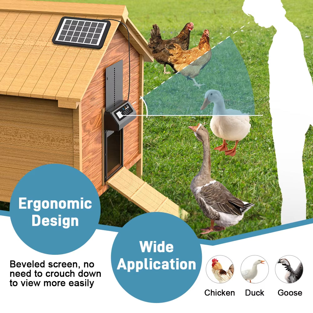 Solar Automatic Chicken Coop Door — Auto Timer, Anti-Pinch Safety, Stainless Steel, Electric Lift Door for Poultry & Pets