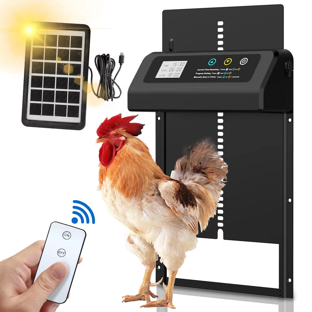 Solar Automatic Chicken Coop Door — Auto Timer, Anti-Pinch Safety, Stainless Steel, Electric Lift Door for Poultry & Pets