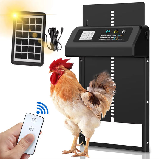 Solar Automatic Chicken Coop Door — Auto Timer, Anti-Pinch Safety, Stainless Steel, Electric Lift Door for Poultry & Pets