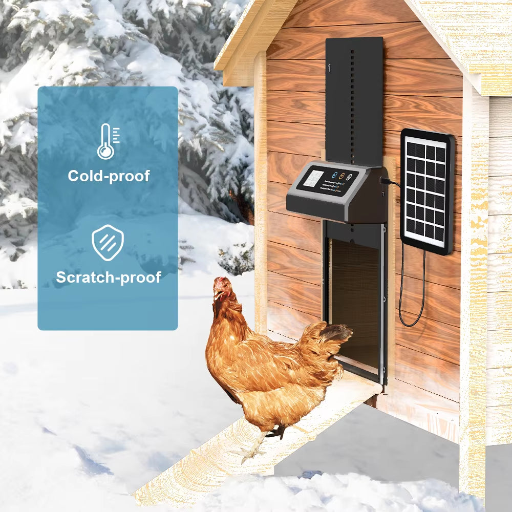 Solar Automatic Chicken Coop Door — Auto Timer, Anti-Pinch Safety, Stainless Steel, Electric Lift Door for Poultry & Pets