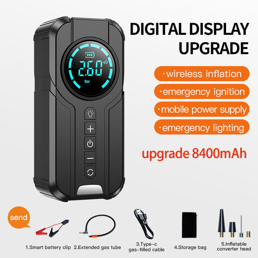 12V Car Jump Starter Power Bank with Wireless Charger and Air Pump – Multifunctional Emergency Battery Booster